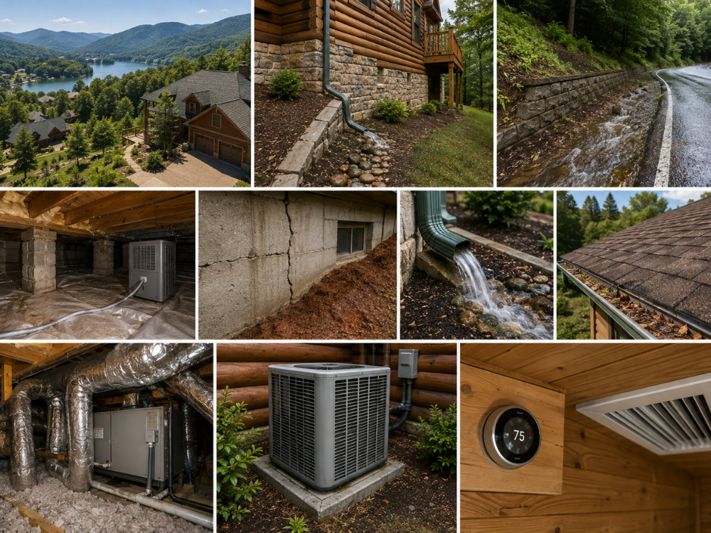 Home inspection photo grid showcasing critical system checks including foundation cracks, site drainage runoff, crawl space, and HVAC units.