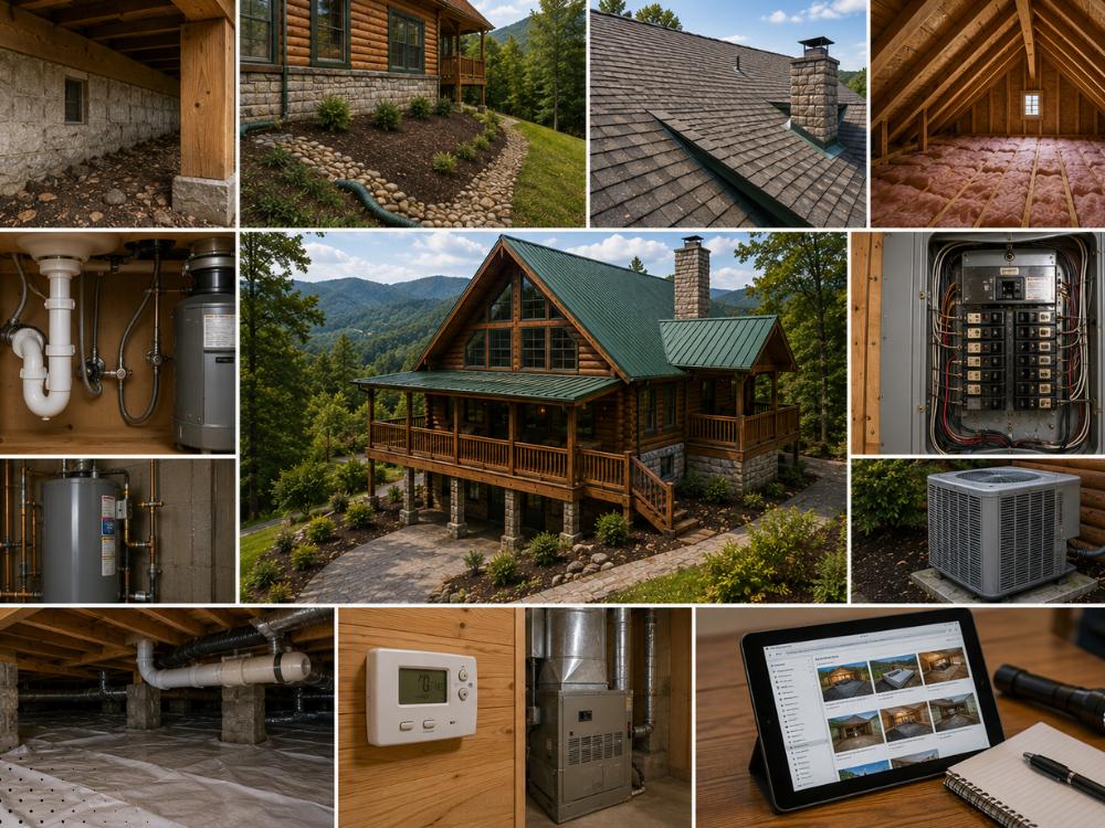 Complete log cabin home inspection overview featuring digital inspection report software, roof shingles, electrical panel, and plumbing.