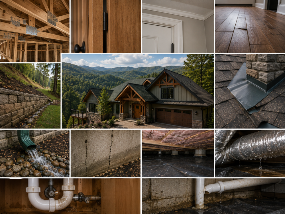 Home defect inspection collage highlighting structural foundation cracks, leaking ductwork, buckled flooring, and chimney flashing on a craftsman home.