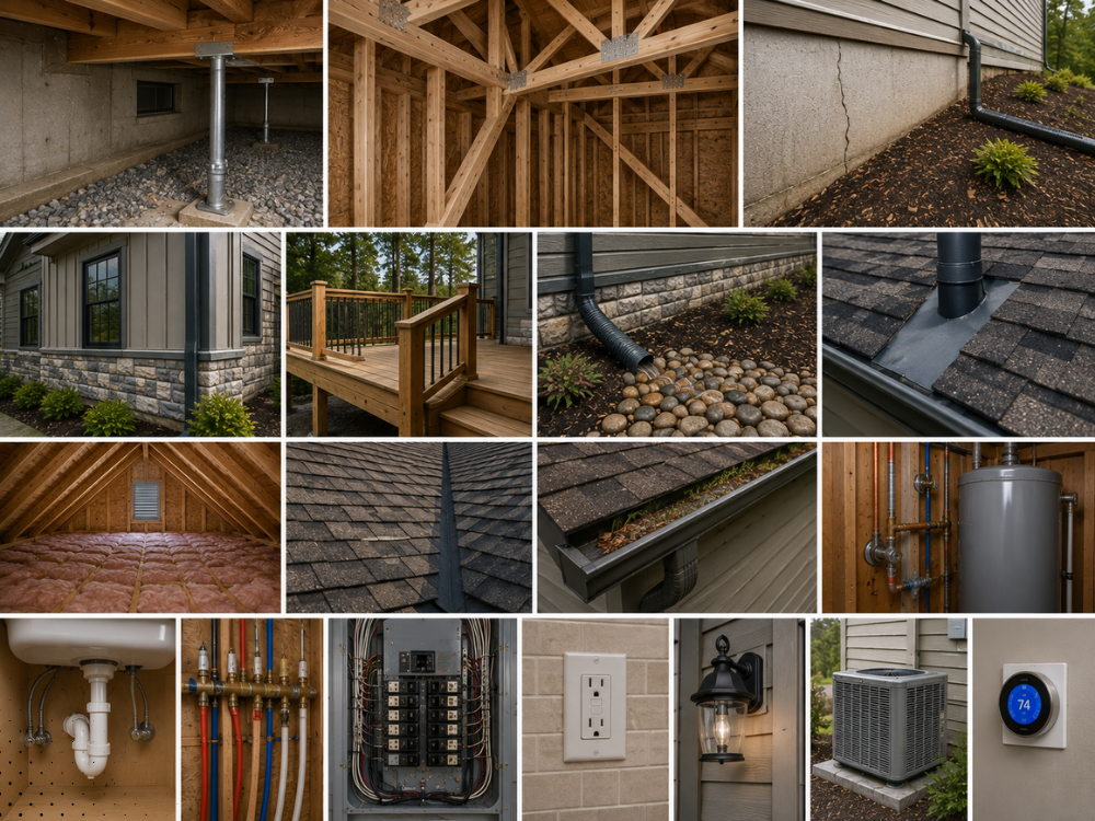 Craftsman property inspection grid showcasing system checks for attic insulation, foundation wall cracks, water heater, and electrical breaker panel.
