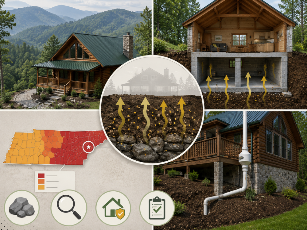 Radon mitigation system and soil gas entry diagram for log homes with East Tennessee radon risk zone map.