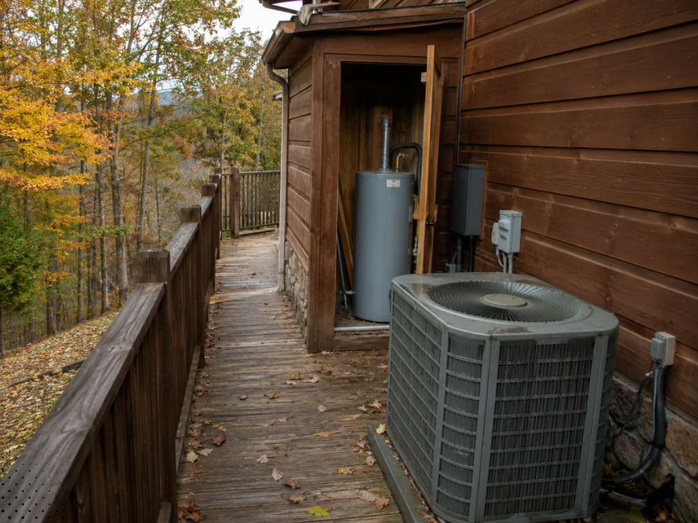 HVAC unit and water heater at a Smoky Mountain vacation rental cabin in Gatlinburg TN