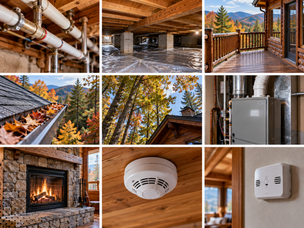 Gatlinburg cabin winter maintenance showing plumbing, crawl space, deck, trees, and smoke alarm Gatlinburg cabin winter maintenance showing plumbing, crawl space, deck, trees, and smoke alarm