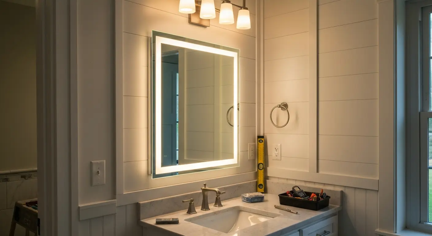 Bathroom mirror and lighting installation