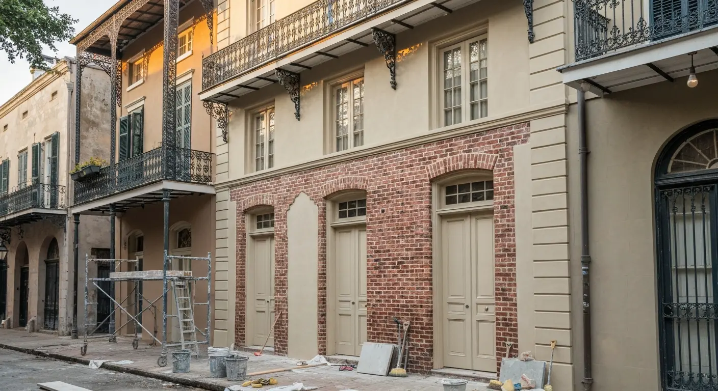 Historic brick and stucco facade restoration