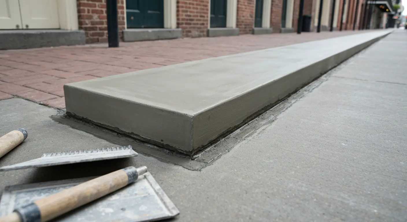 Concrete repair on narrow French Quarter sidewalk