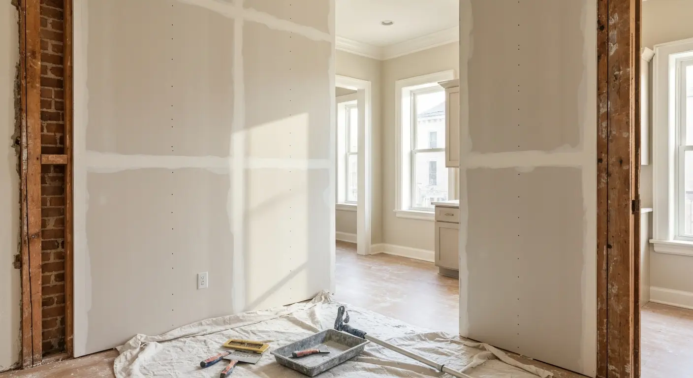 Drywall finishing in renovated kitchen