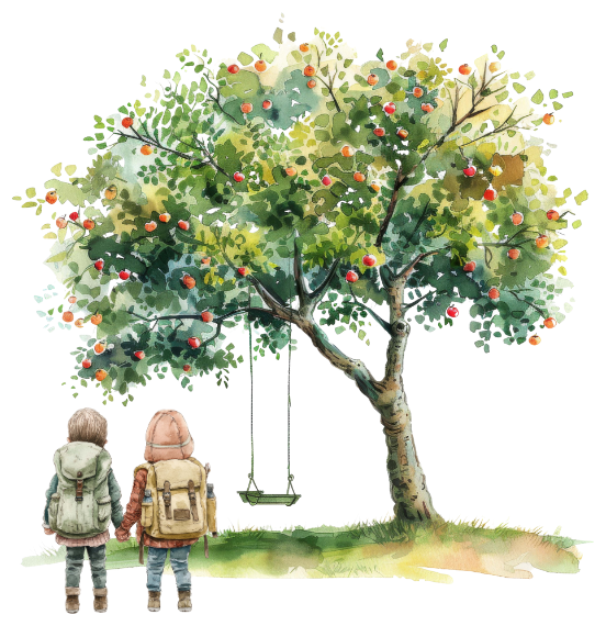 Watercolour tree children exploring day nursery