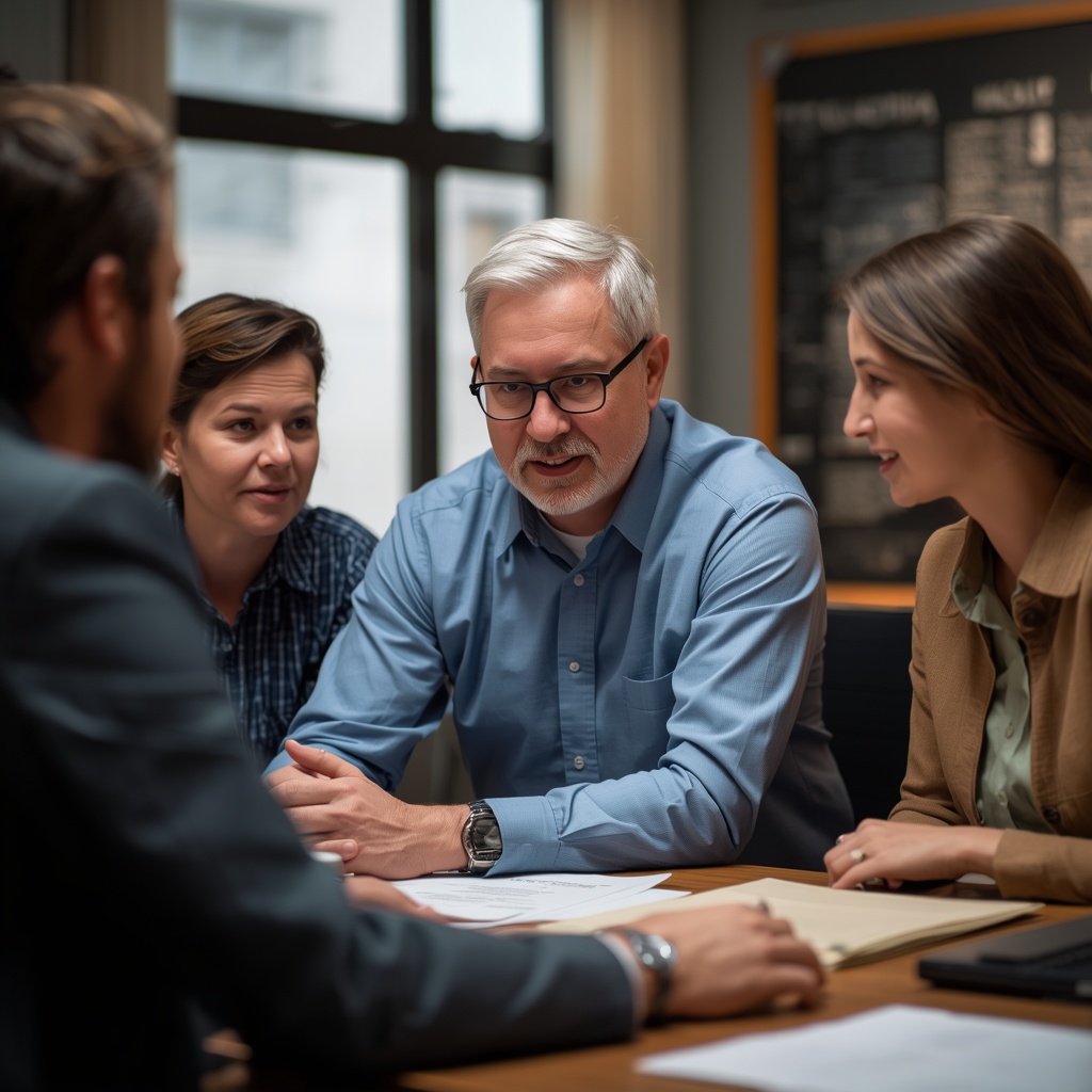 Experienced employee sharing important business knowledge with coworkers