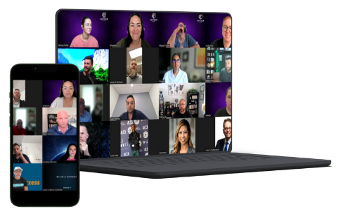 The Advisor Action Hour on a laptop and phone: a live Zoom room of advisors and agents.