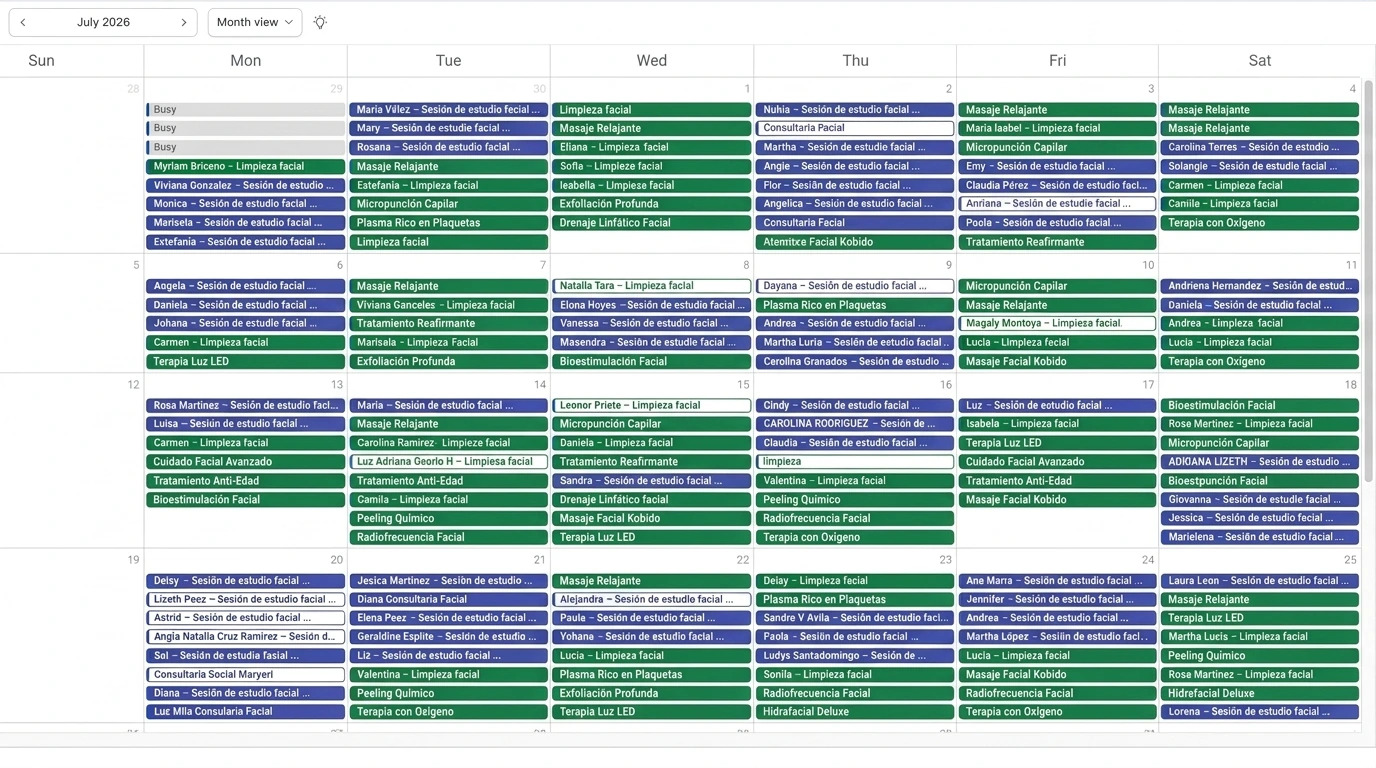 La agenda de un mes de Respiro Facial, llena de citas