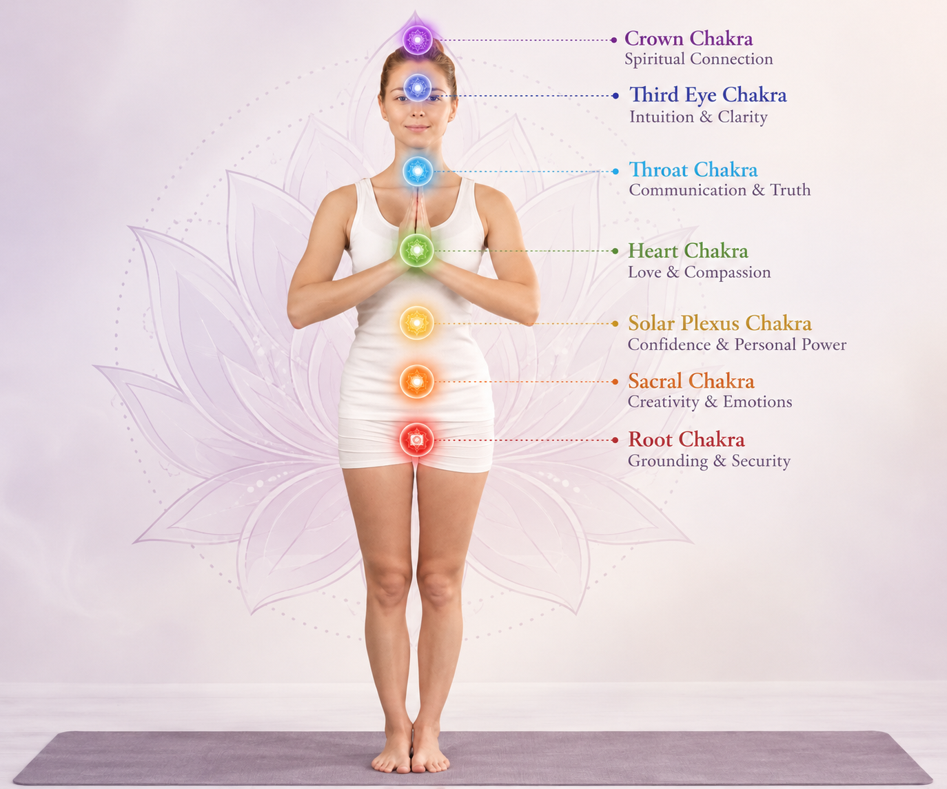 Illustration showing the seven chakras and their associated energy centers