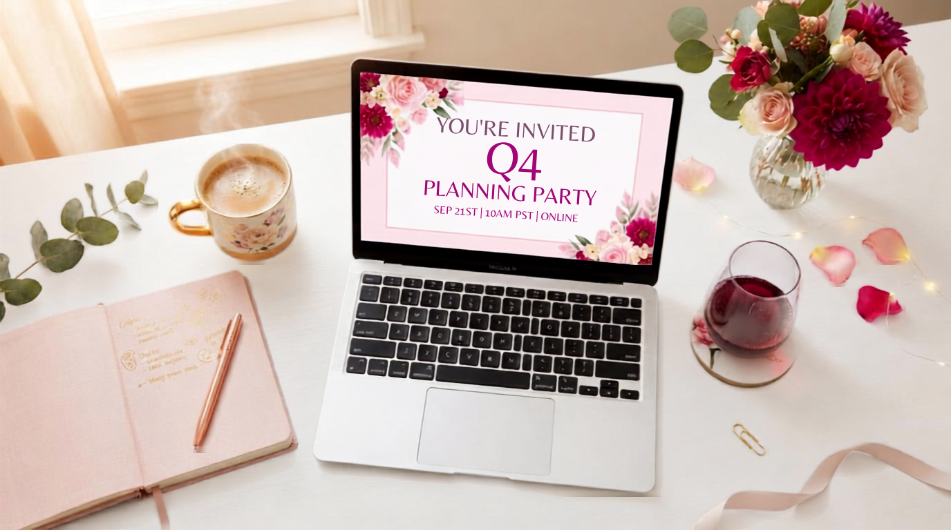 A cozy work-from-home desk setup with a laptop, a cup of coffee, a notebook, and warm magenta accents — your invitation to the Q4 Planning Party.