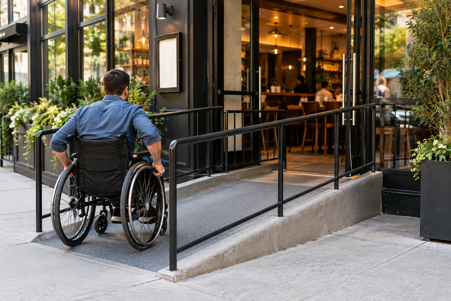 Wheelchair user encountering an accessibility barrier at a public business