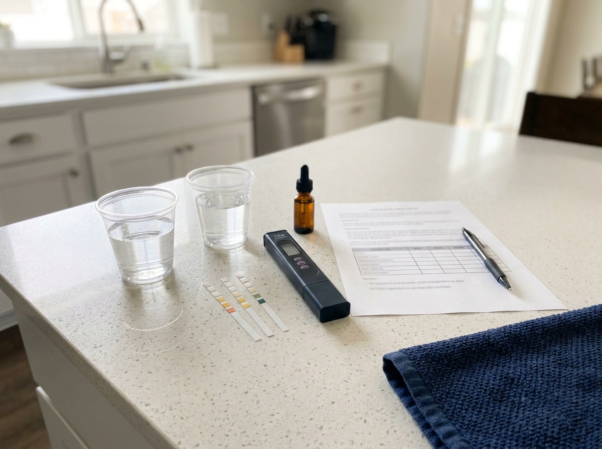 A water test kit with sample cups, a TDS meter, test strips and a results sheet on a kitchen counter