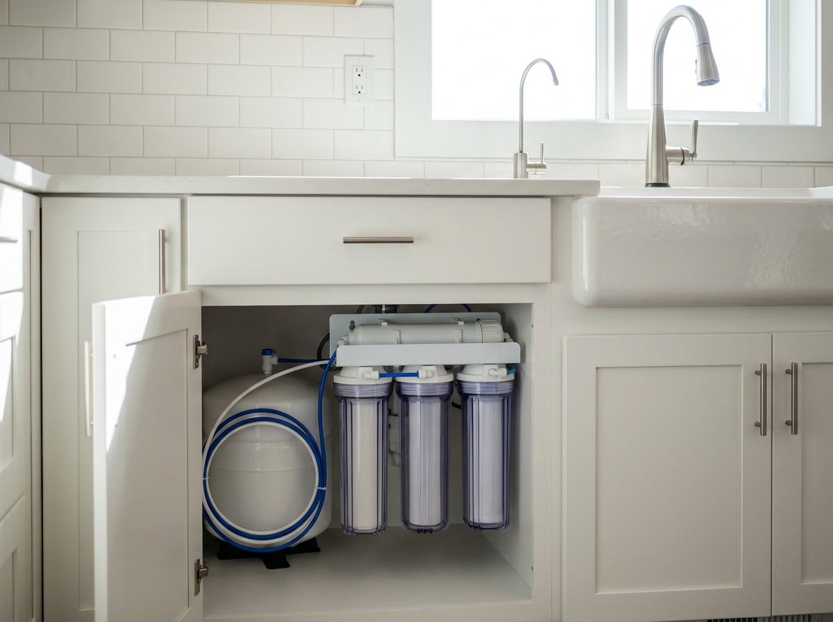 An under-sink reverse osmosis system with three filter housings and a storage tank, and a dedicated drinking water faucet by the sink
