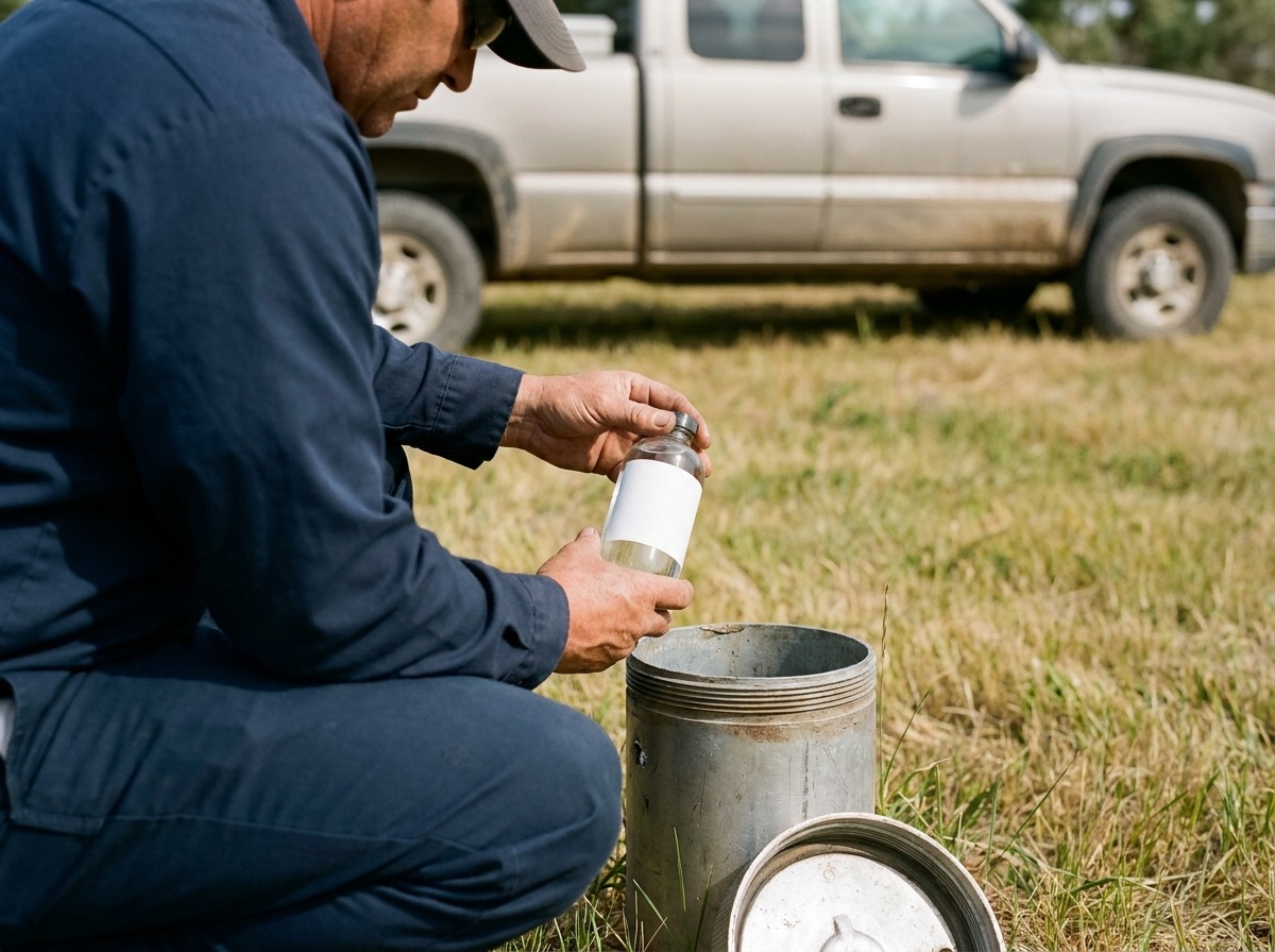 A plumber holding a water sample bottle beside an open private well casing in a rural yard