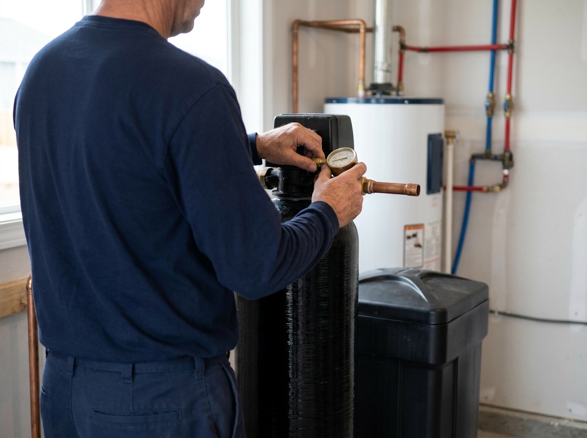 A plumber checking a pressure gauge on a newly installed water softener next to a new water heater in a garage