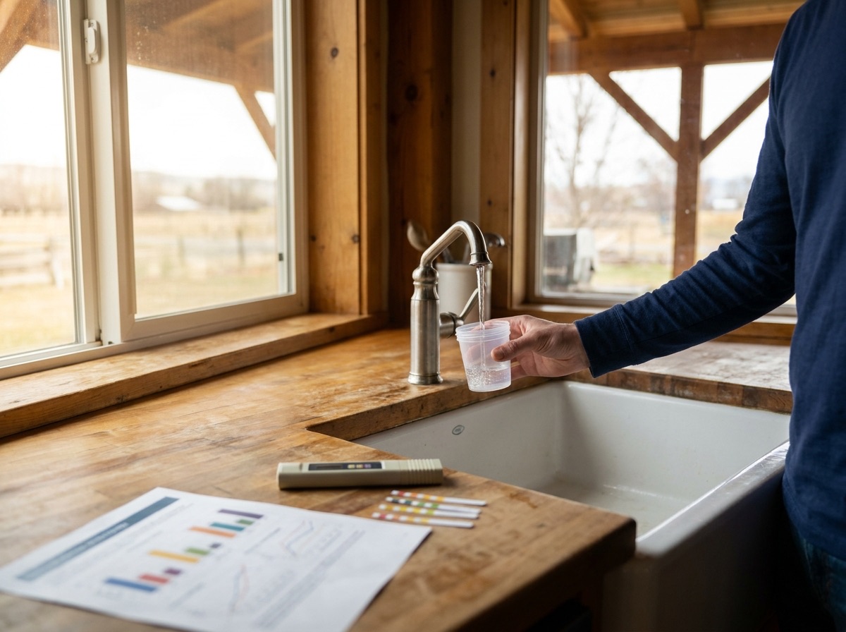 A sample of tap water being collected in a clear cup at a kitchen sink, with a TDS meter and test strips on the counter