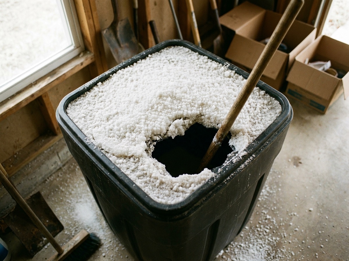 Looking down into a softener brine tank where a hard crust of salt has formed a bridge, with a broom handle breaking through it