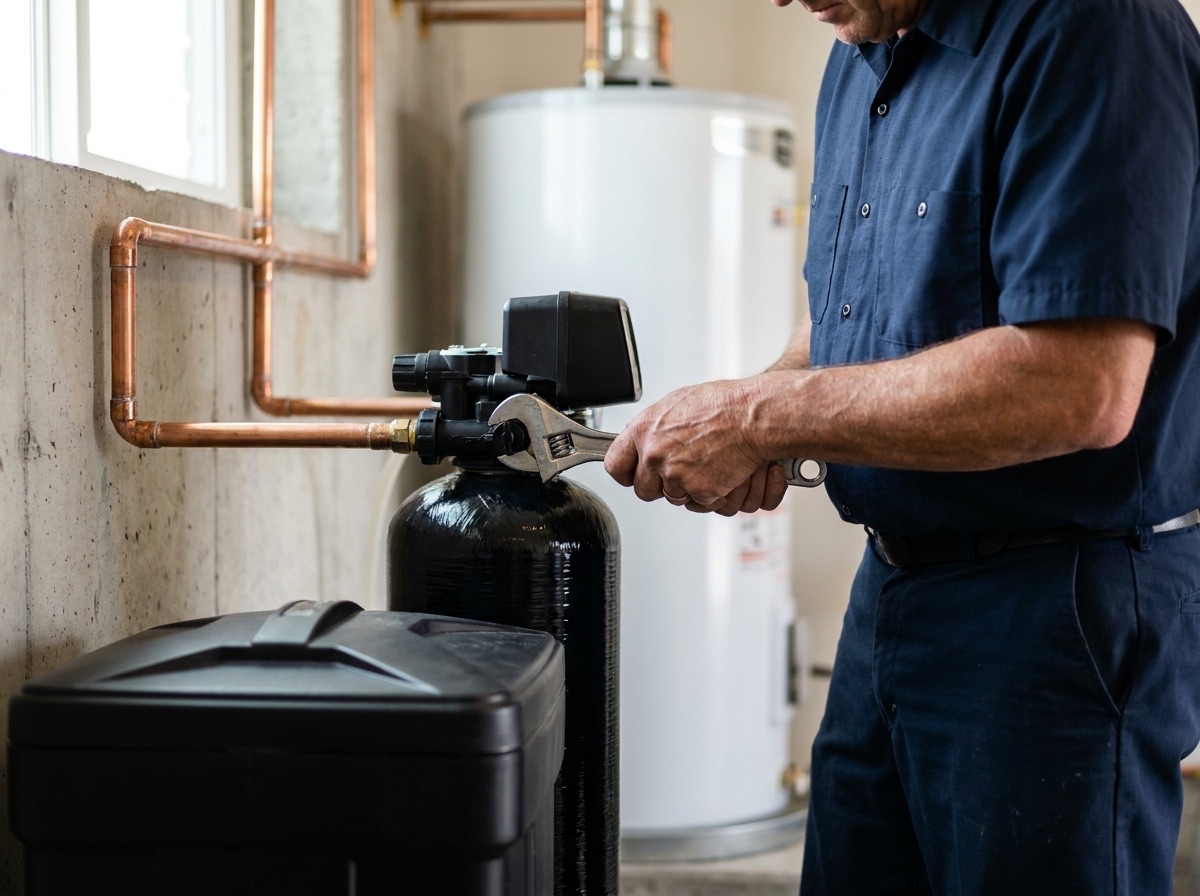 A plumber in navy work clothes tightening the valve on a new water softener in a garage