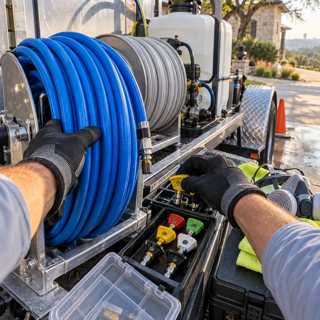 Professional exterior cleaning equipment prepared for a local project