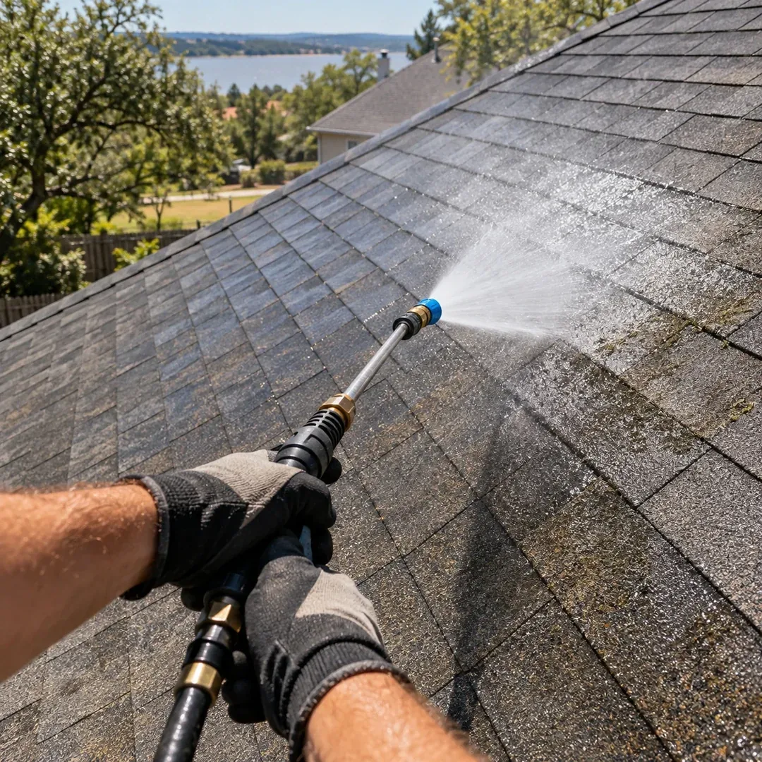 Low pressure asphalt shingle roof washing