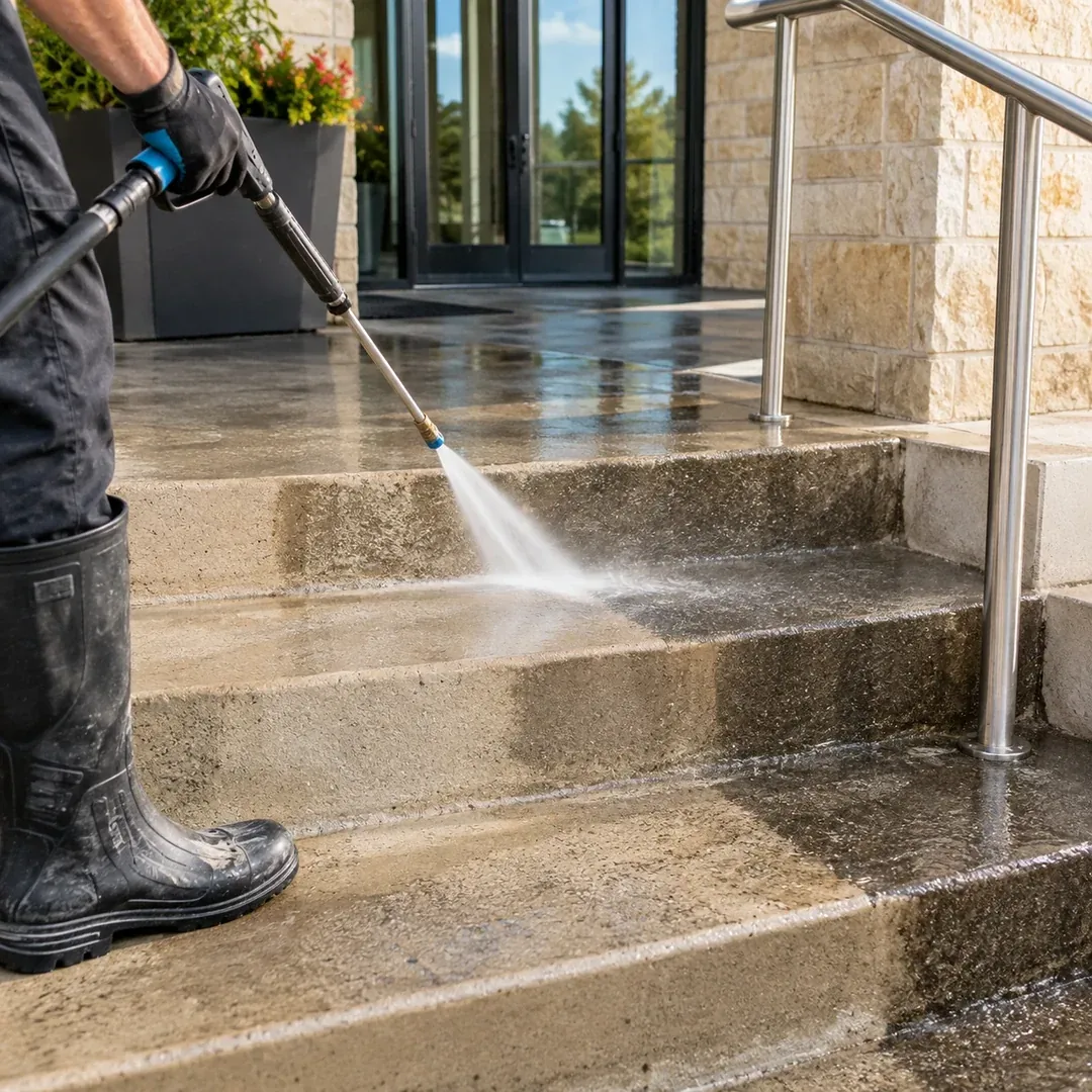 Commercial concrete stair cleaning project by No Pressure SoftWash