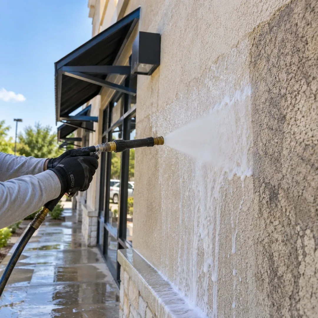 Commercial stone building washing project by No Pressure SoftWash