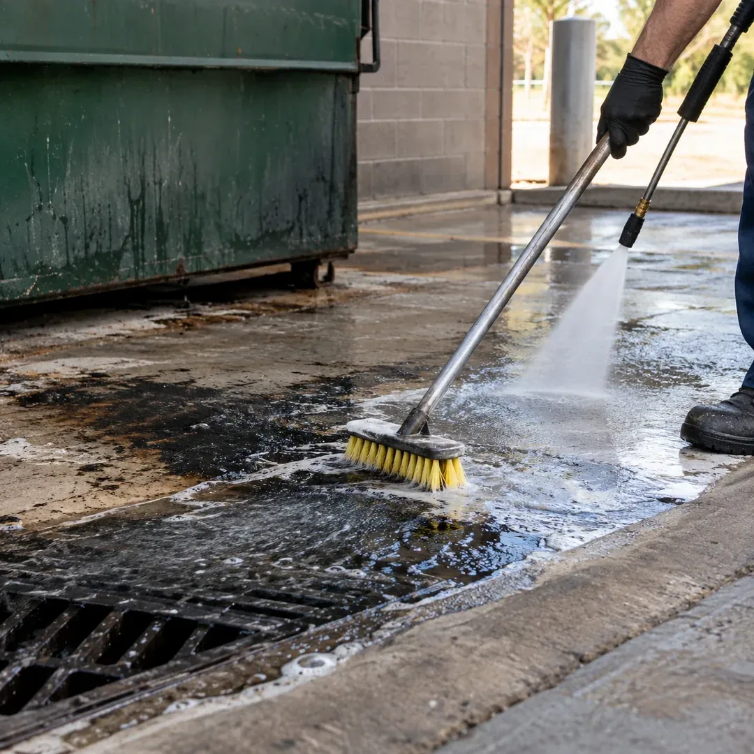 Commercial dumpster pad degreasing