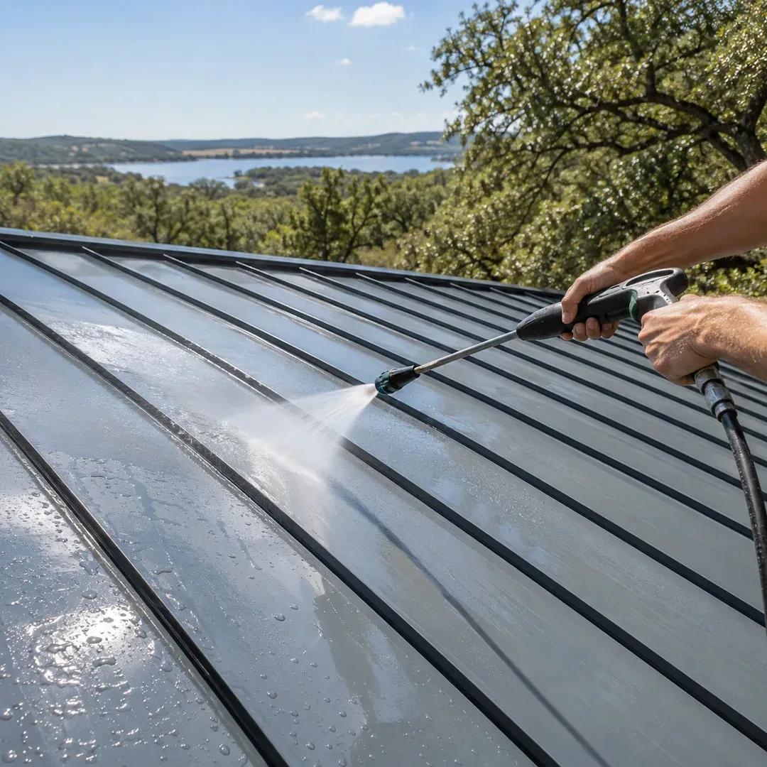 Low pressure washing on a standing seam metal roof