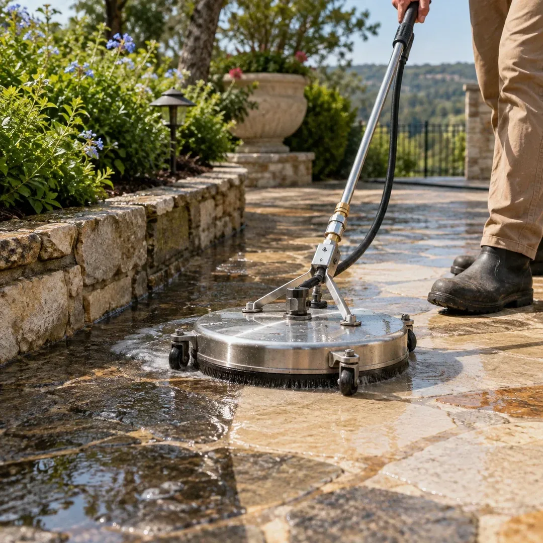Stone patio and steps cleaning project by No Pressure SoftWash