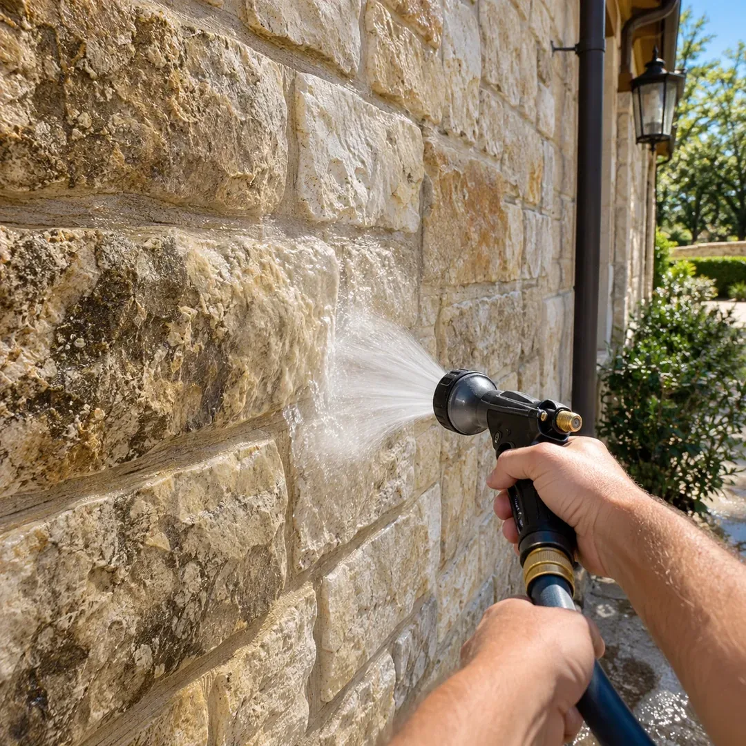 Stone exterior washing project by No Pressure SoftWash