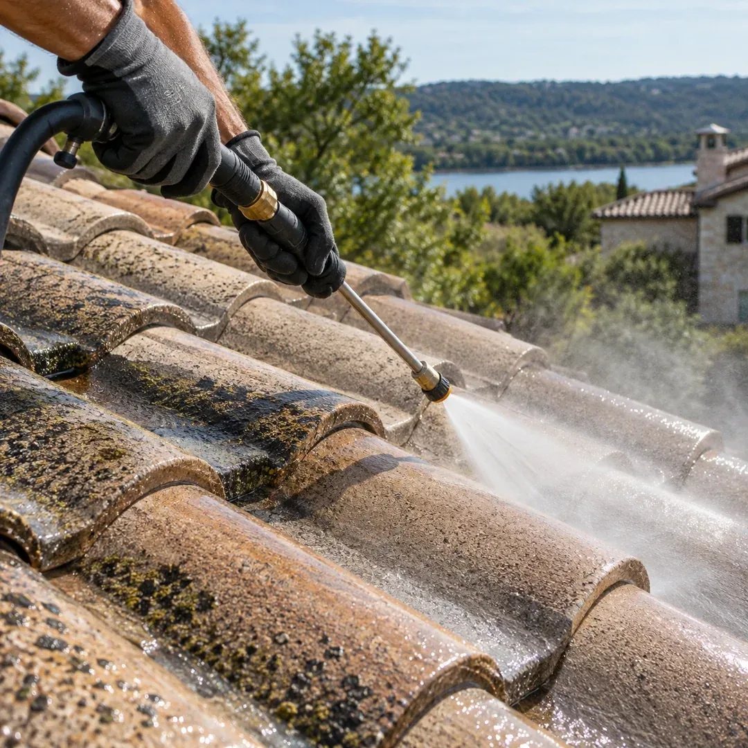 Careful washing on a tile roof
