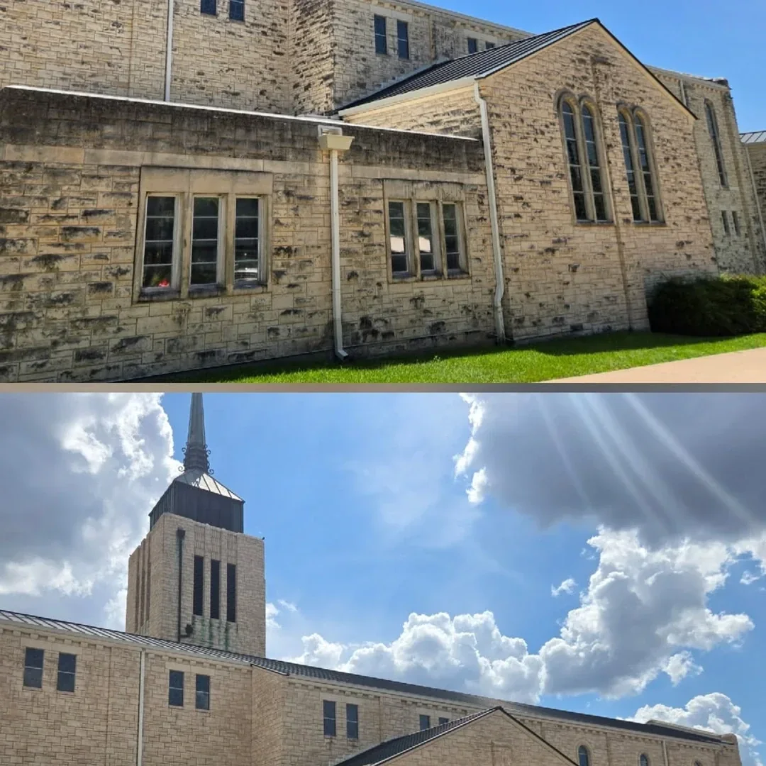 Commercial stone exterior before and after cleaning