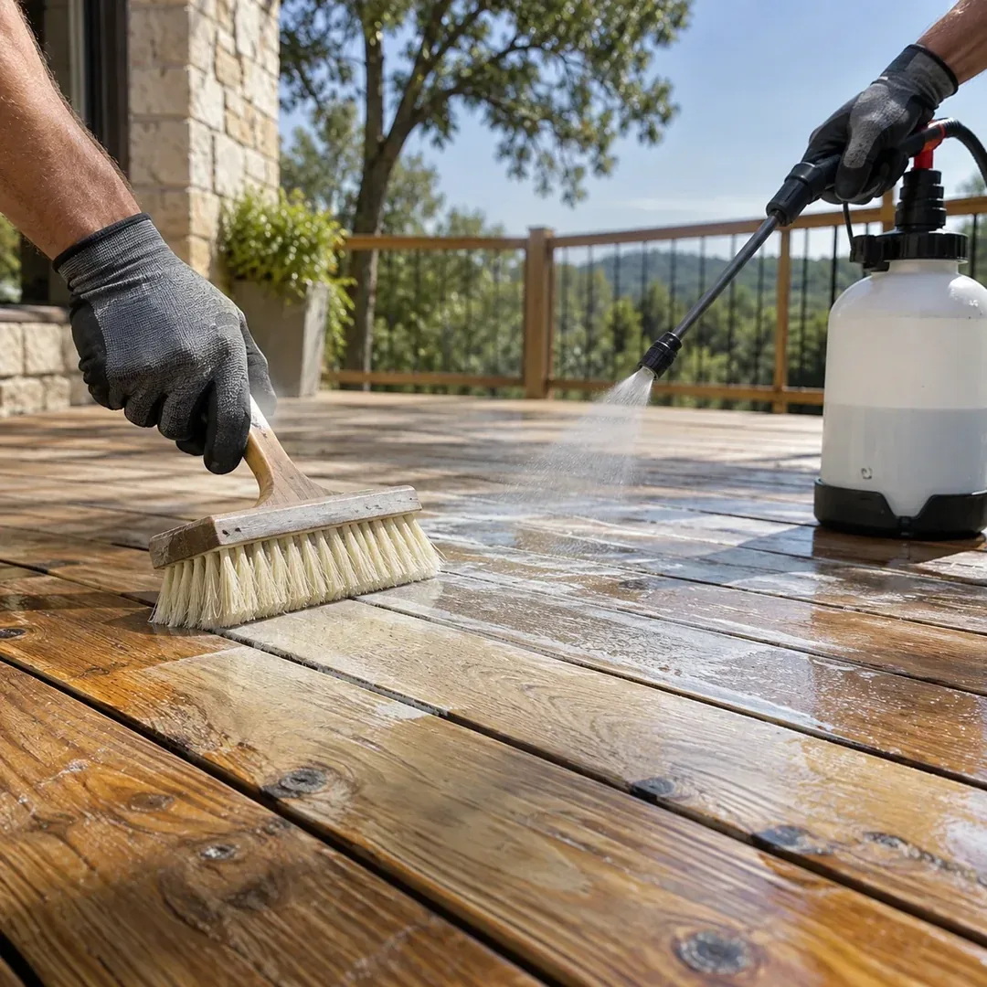 Wood deck brightening in progress