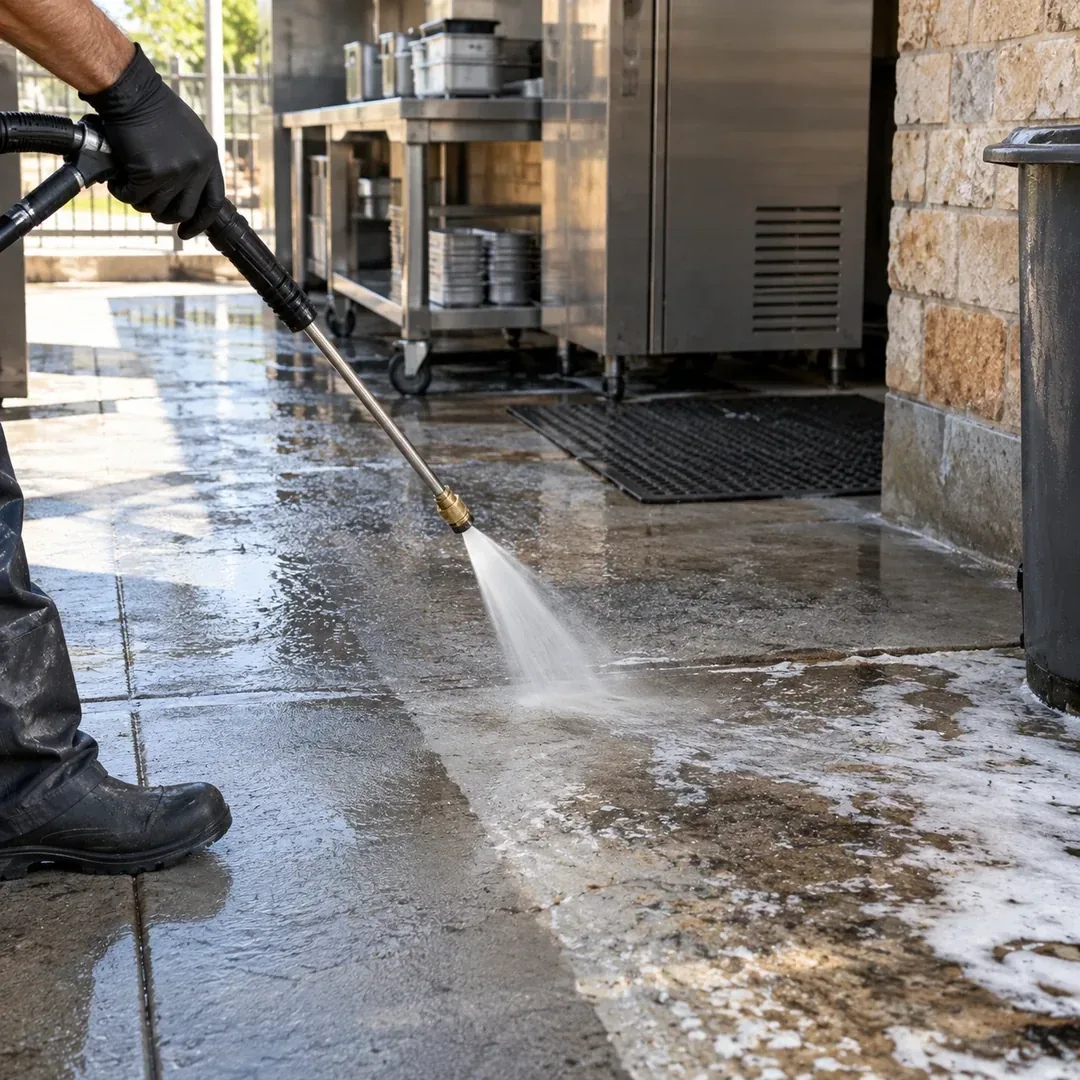 Illustration of hot water degreasing on commercial concrete
