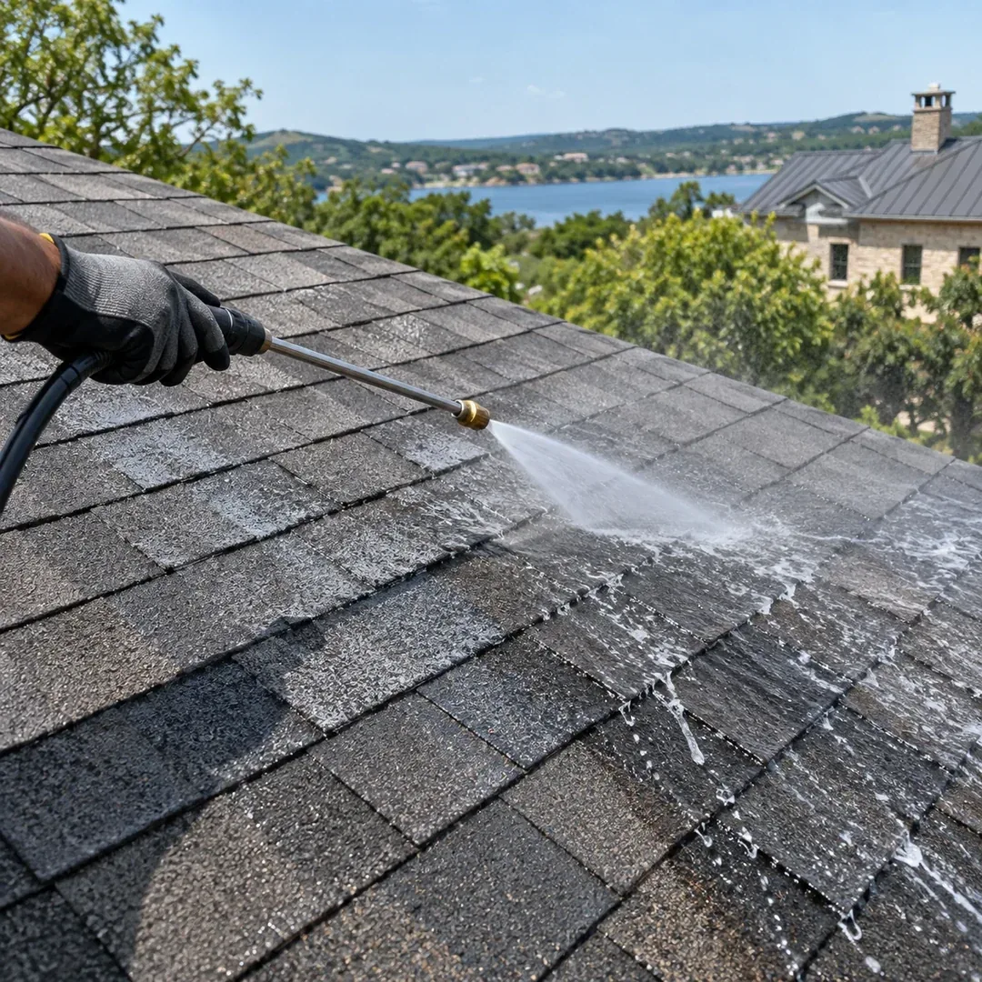 Low pressure washing on a standing seam metal roof