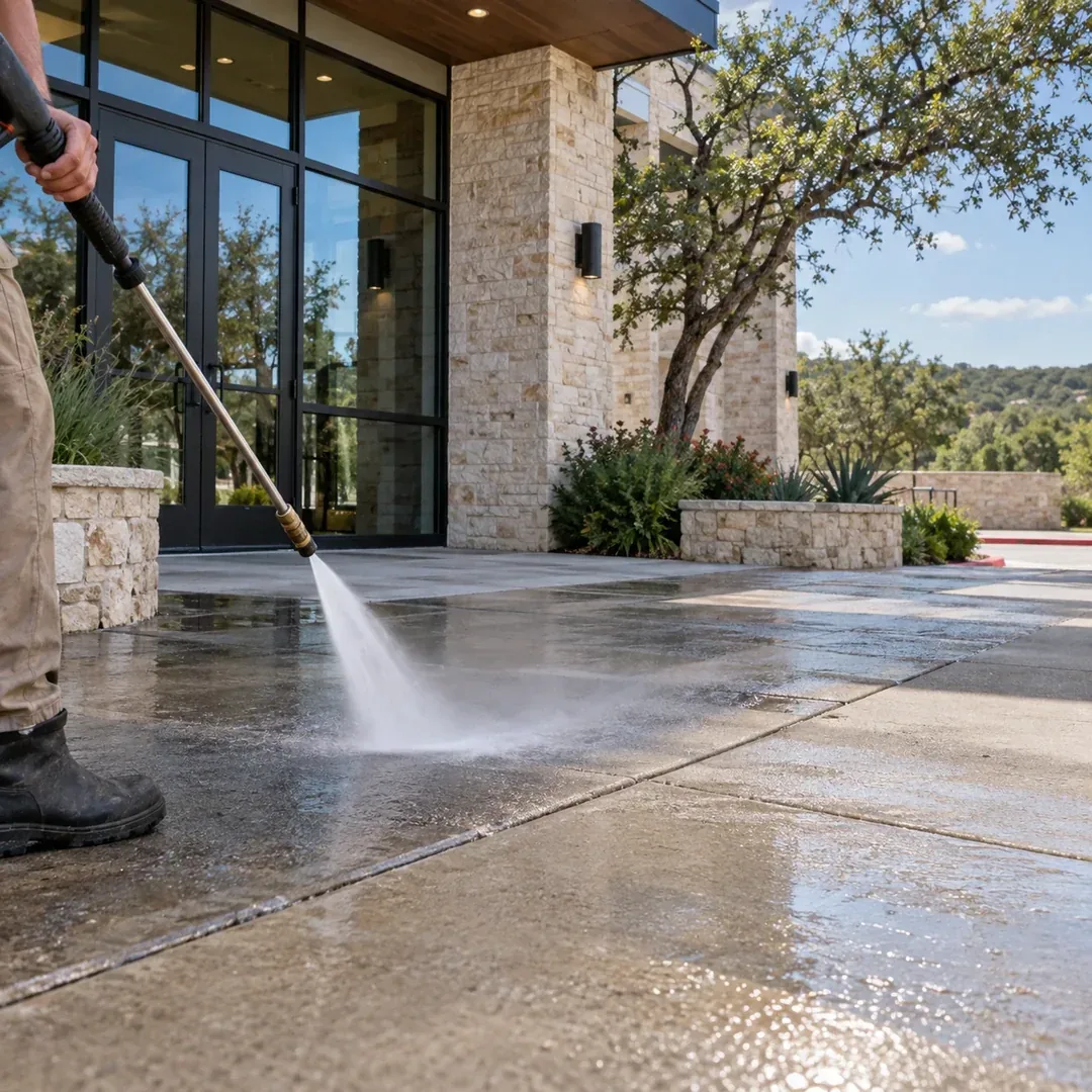 Commercial concrete stair cleaning project by No Pressure SoftWash
