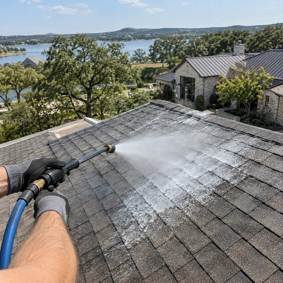 Low pressure asphalt shingle roof washing