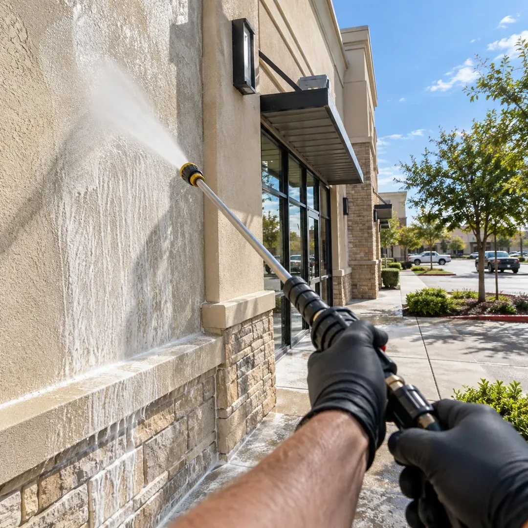 Commercial stone building washing project by No Pressure SoftWash