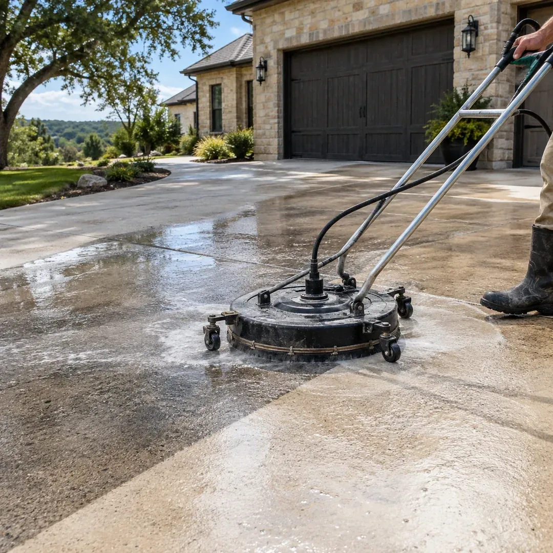 Driveway pressure washing project by No Pressure SoftWash