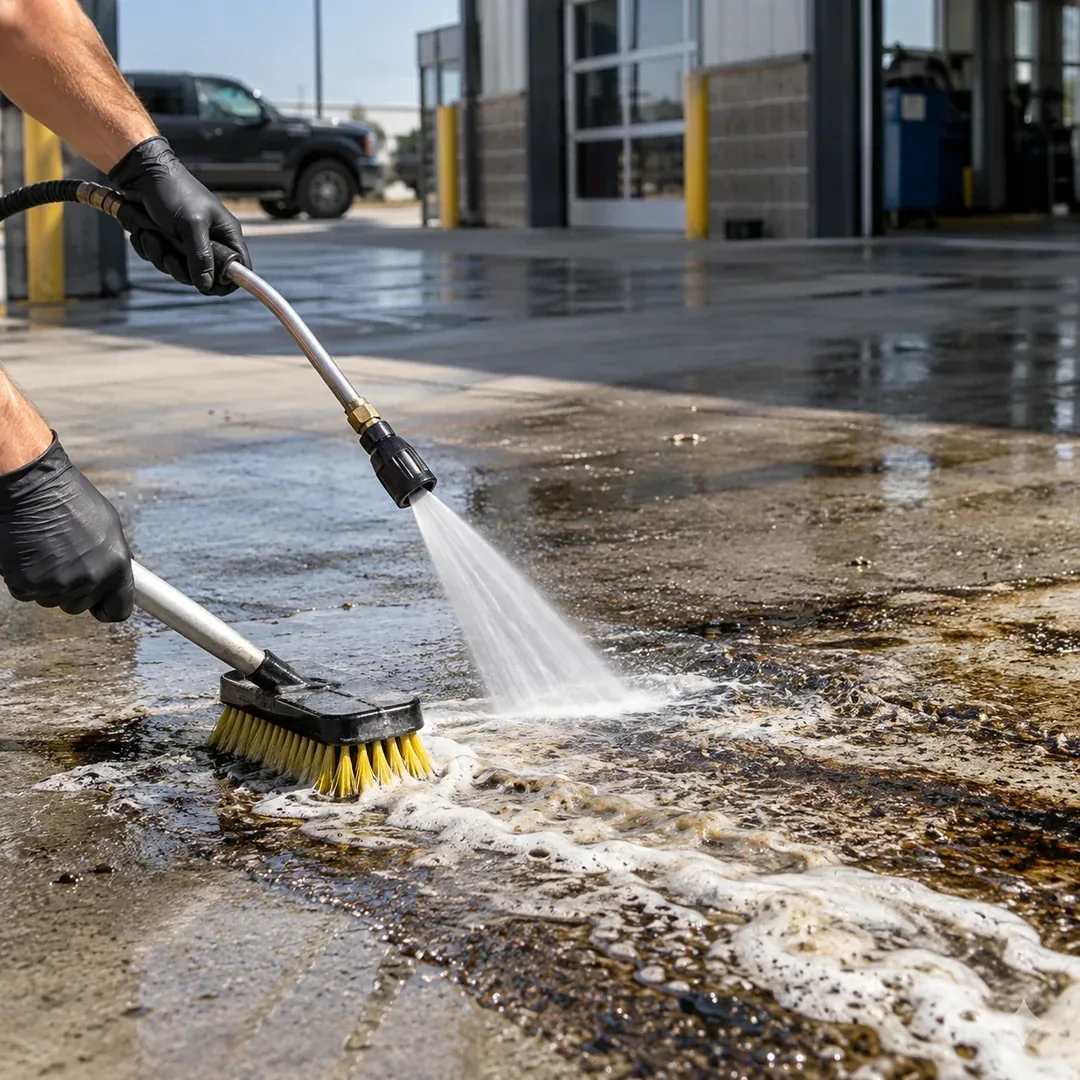 Commercial dumpster pad degreasing