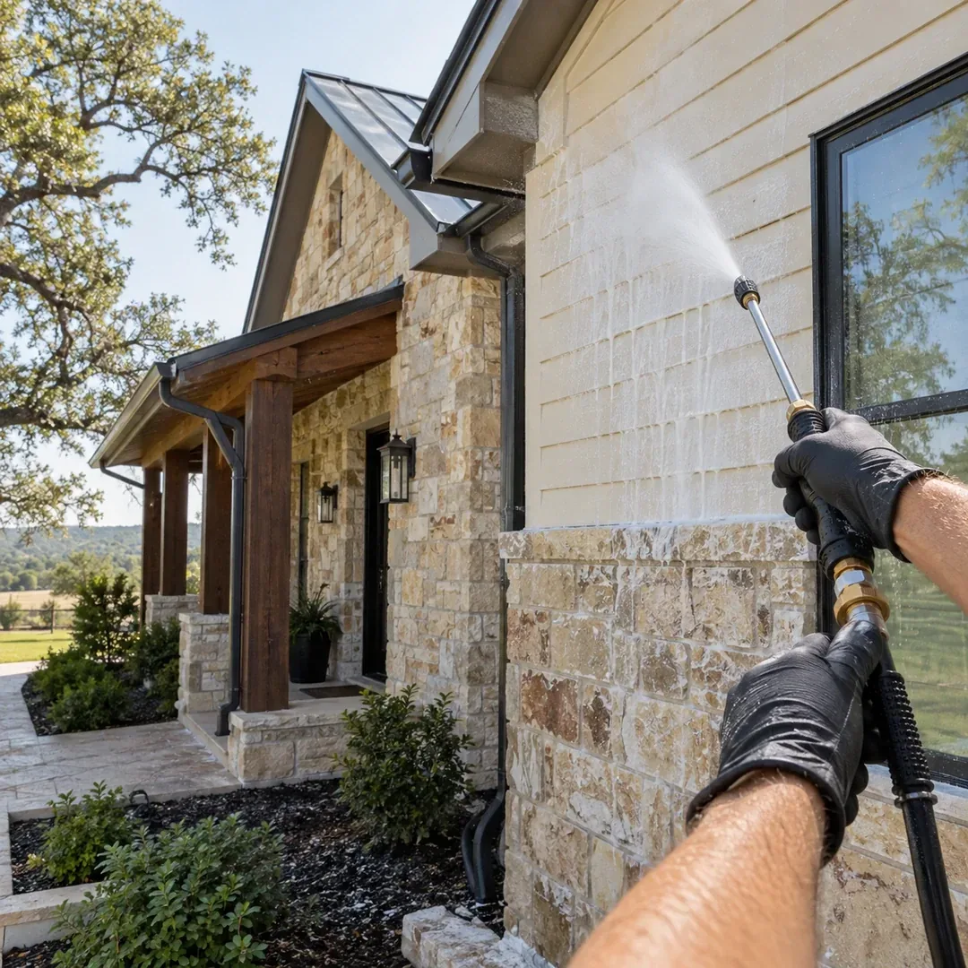 Soft washed stone home exterior by No Pressure SoftWash
