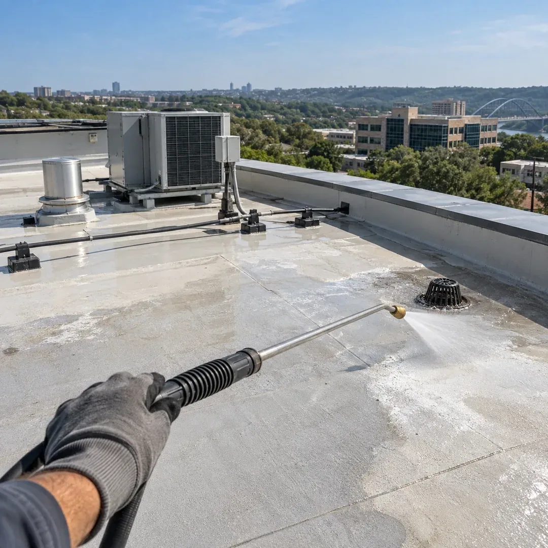 Commercial membrane roof washing