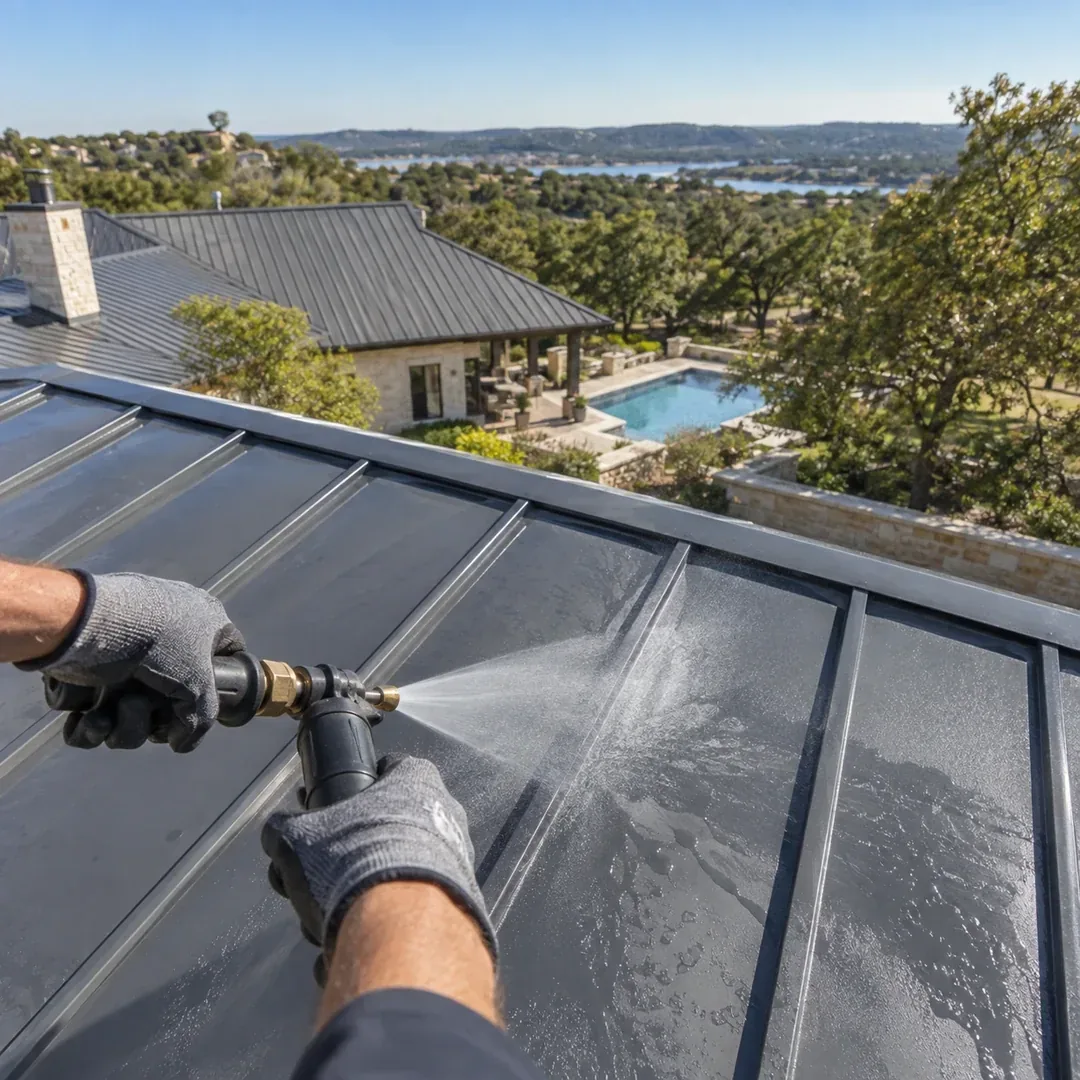 Low pressure washing on a standing seam metal roof
