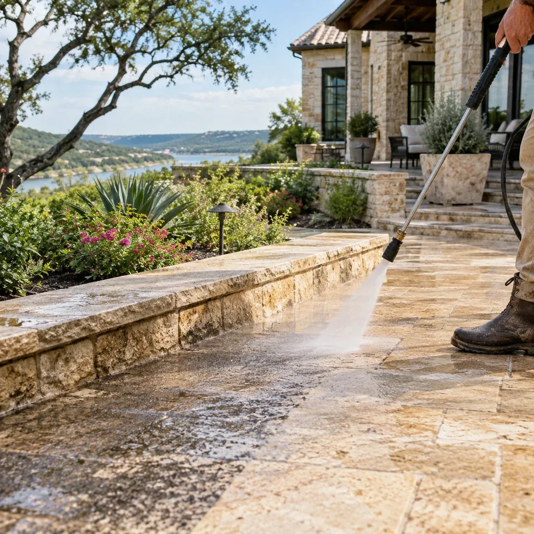 Stone patio and steps cleaning project by No Pressure SoftWash