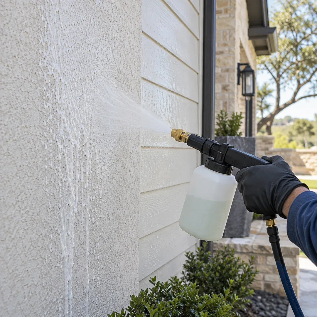 Stone exterior washing project by No Pressure SoftWash