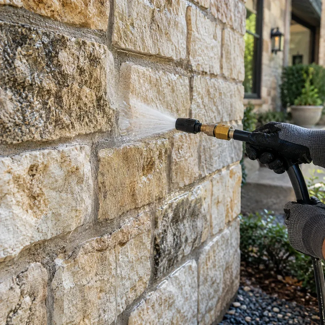 Commercial stone building washing project by No Pressure SoftWash