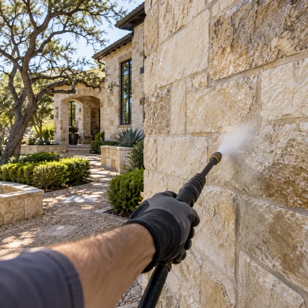Stone exterior washing project by No Pressure SoftWash